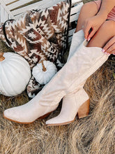 White Rhinestone Faux Suede Pointy Wide Mid-Calf Cowgirl Boots